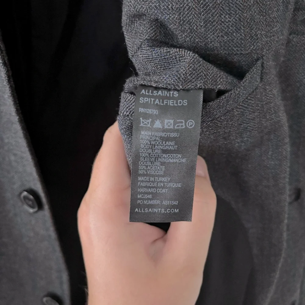 AllSaints Spitalfield Wool Men's‎ Harvard Coat Charcoal Blazer Overcoat Size 40